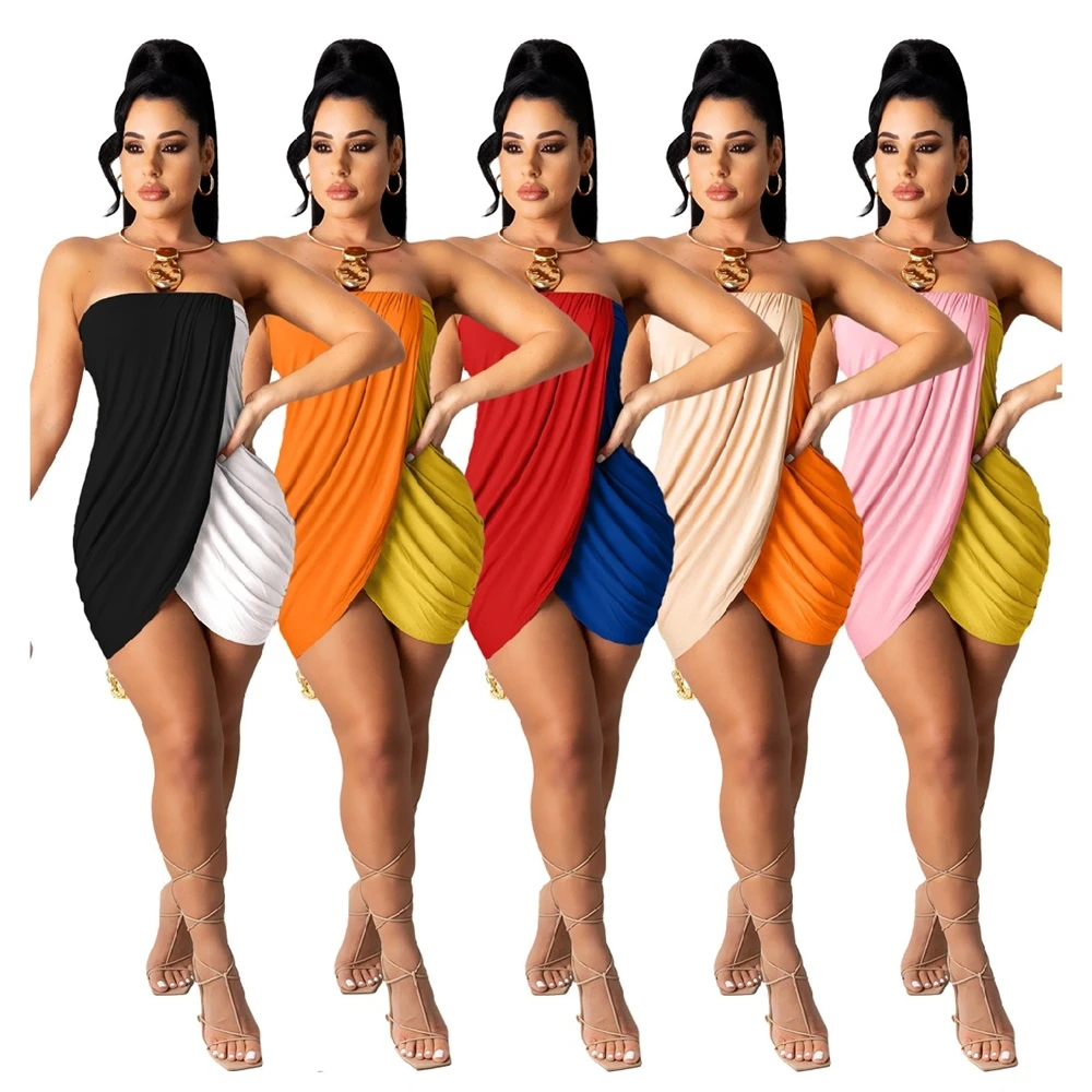 

EB-2022051333 new arrivals fashion off shoulder sleeveless color blocking ladies dresses