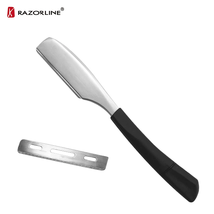 

Razorline H14 High Quality Black Rubber Plastic Handle Silver Blade Straight Face Shaving Razor