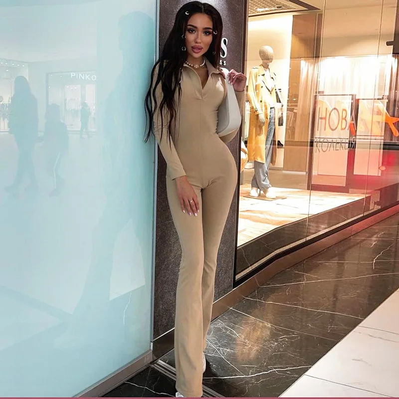 

Casual Fall Women Clothing Workout Jumpsuit Sexy Long Sleeve One Piece Bodysuit Streetwear, Picture color