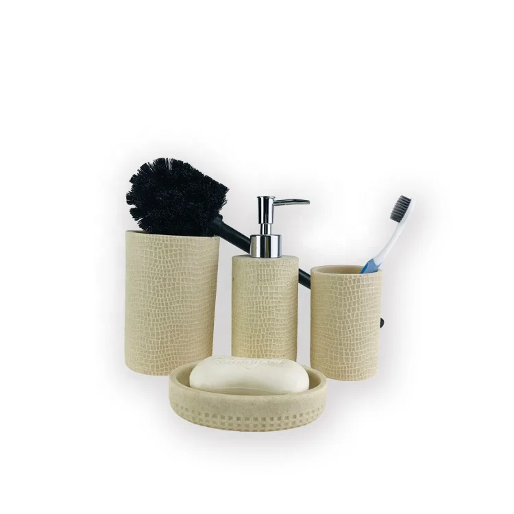 

Factory Price Beige Color Decorative Sandstone Bathing Products With Soap Dish Polyresin Bathroom Asscssories Set, White