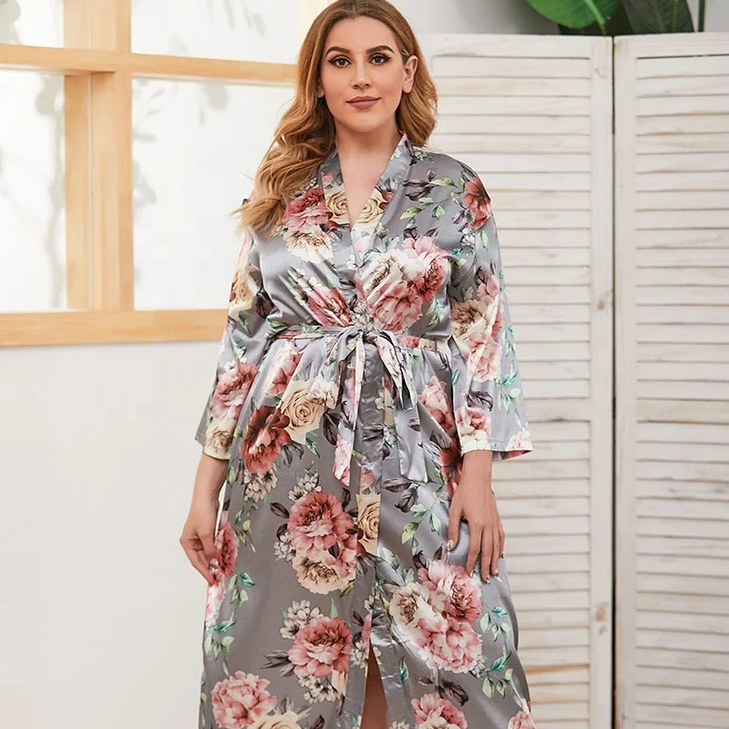 

2021 New Fashion Satin Night Dress And Robe Set Floral Lounge Wear