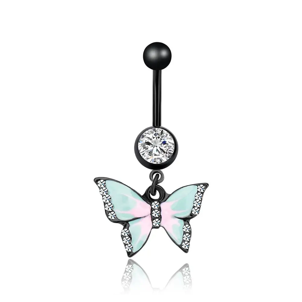 

Sexy Body Jewelry 316l Medical Steel Crystal Butterfly Navel Piercing Enamel Butterfly Belly Button Rings Dangle, As picture