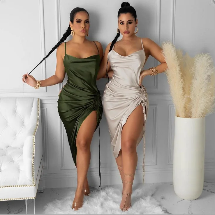 

Sexy Party wear Women Cowl Neck Sleeveless Backless Elegant Side Drawstring Tie Up Ruching Midi club Dresses