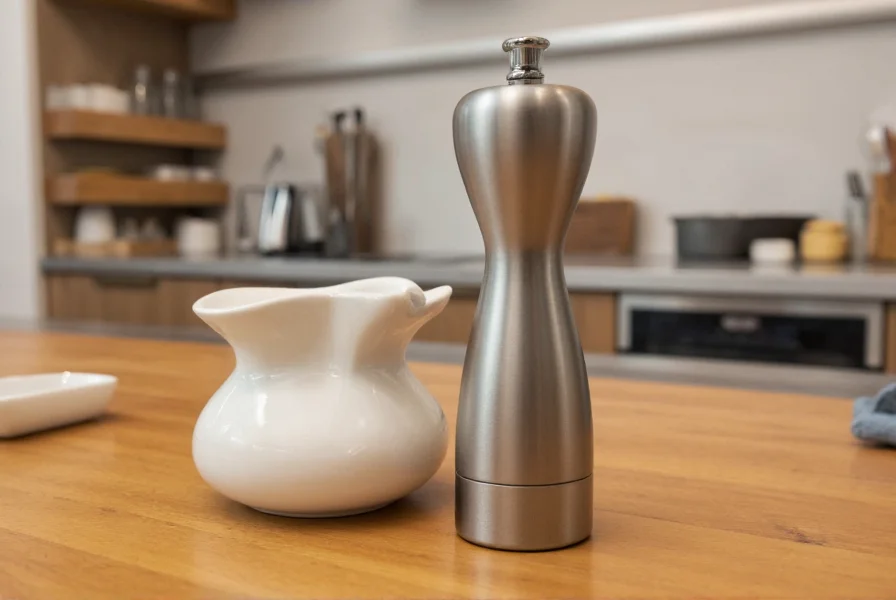 Close-up photograph of a ceramic pepper rest holding a stainless steel pepper grinder on a wooden kitchen counter