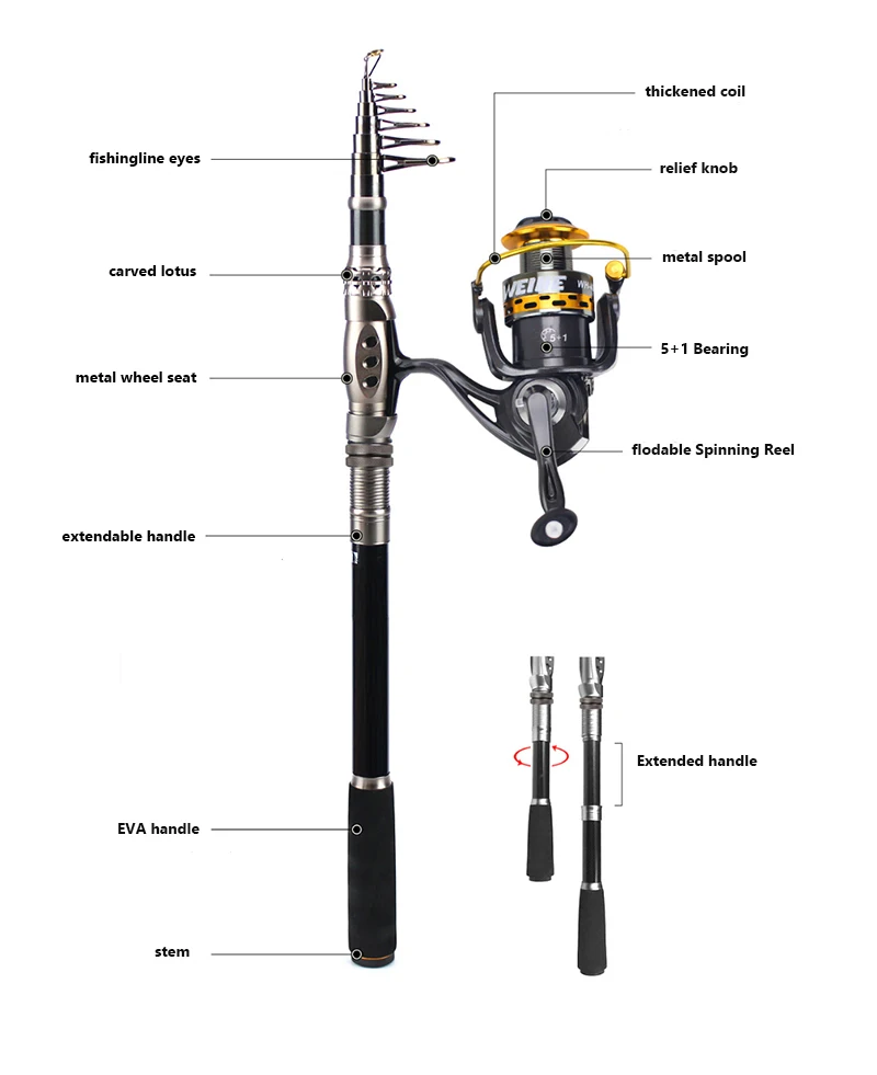 

Carbon Spinning Casting Fishing Pole Light Telescopic reels fishing rods, Black