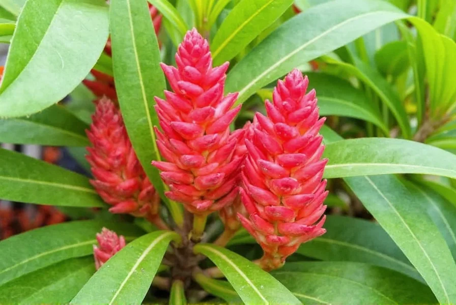 Red ginger plant in landscape setting showing ideal placement among other tropical plants with partial shade