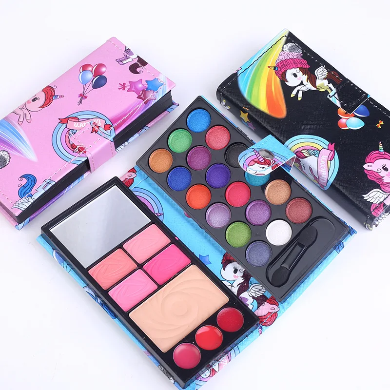 

Custom Wholesale Makeup Unique Packaging Cute Kids Unicorn Glitter Purse Blush And Lip Gloss Eyeshadow Palette With Brush