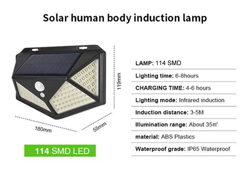 Manufacture Wholesale 114LED solar garden light outdoor Smart Sensor Solar Wall lamps Wireless Waterproof Security yard lighting