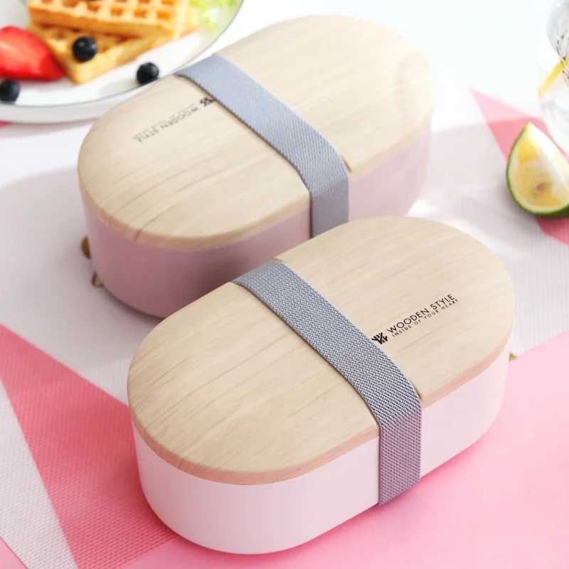 

Wooden Grain Oval Plastic Portable Bento Lunch Box with Reusable Chopsticks and Spoon