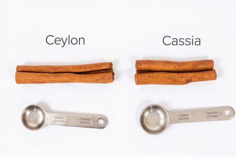 Two cinnamon sticks side by side labeled Ceylon and Cassia with measuring spoons showing different safe amounts