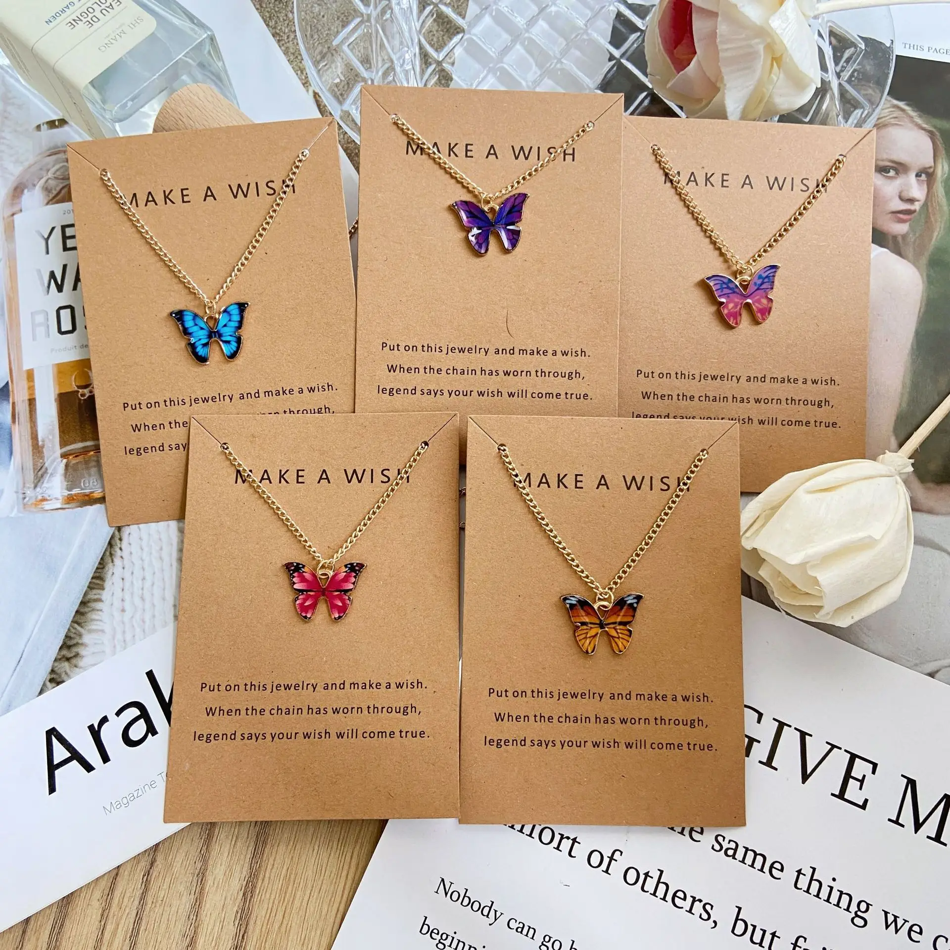 

Collares Para Mujer Trendy Women Cute Jewelry Dainty Thin Chain Colorful Enamel Butterfly Pendant Necklace