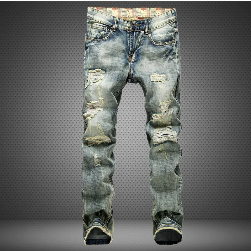 

Men's straight beggar ripped hole European style trendy men's nostalgic worn out men's trendy brand jeans, Different colors and support to customized