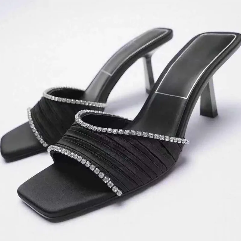 

Rhinestone shine dress Formal Open toe women high heel shoes designer famous slippers office Square head Thick heels Sandals
