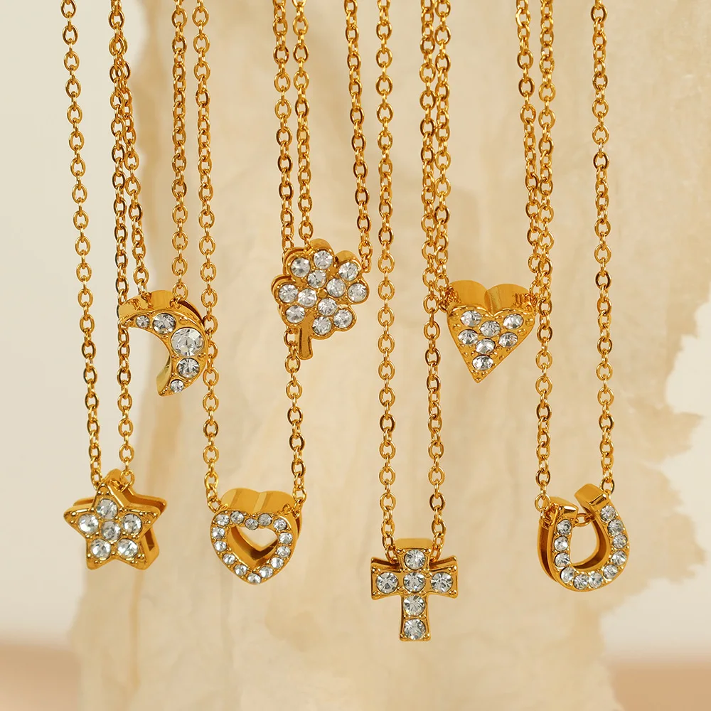 YF3971 Fashion Waterproof Stainless Steel Jewelry 18k Gold Plated Zircon Clover Moon Cross Necklace