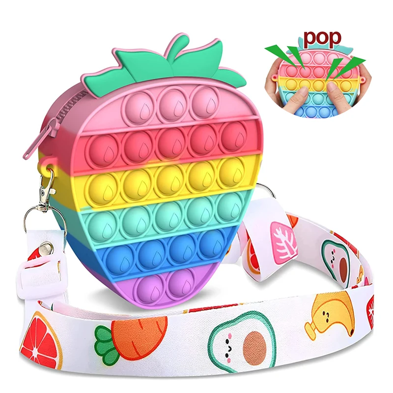 

2 in 1 Kids Strawberry Fidget Toy Crossbody Bag Rainbow Silicone Squeeze Push Pop Bubble Fidget Popper Purse Messenger Bag, Rainbow or customized