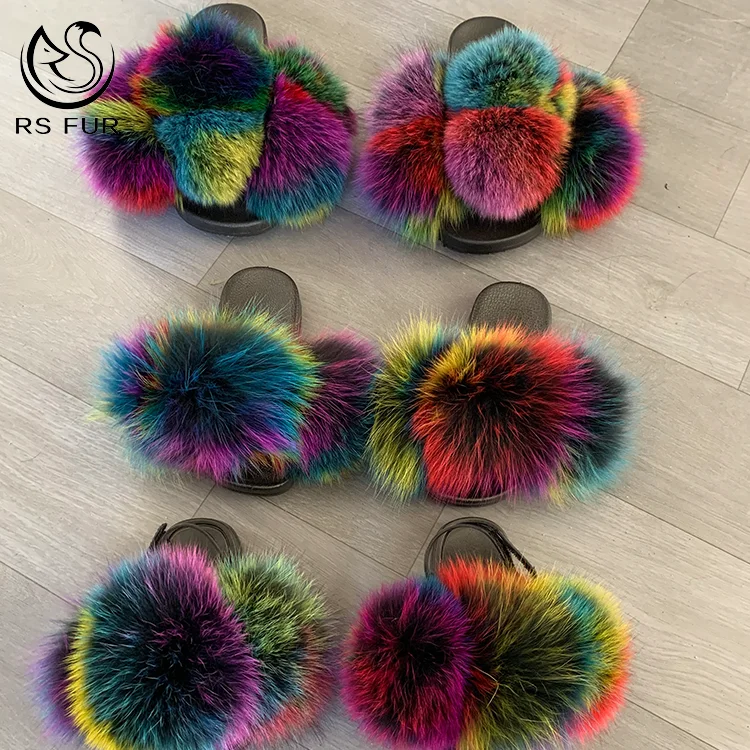 
Custom logo soft children baby fur slipper sandals fox fur slides for women and kids 