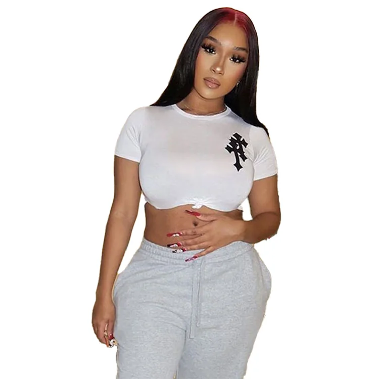 

2022 summer new products ins wind sexy slim slim navel show thin embroidered T-shirt top women