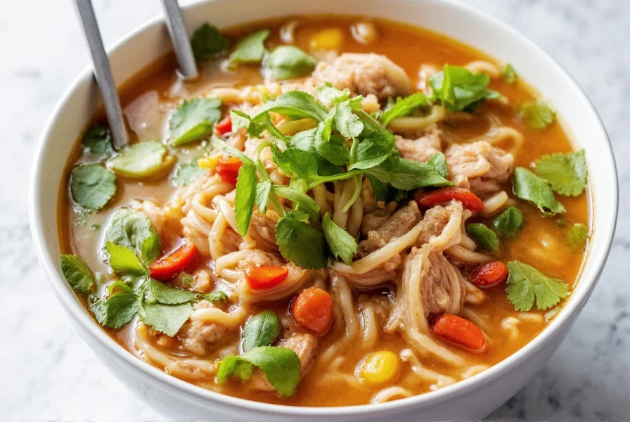 Street vendor making chicken noodle pho soup