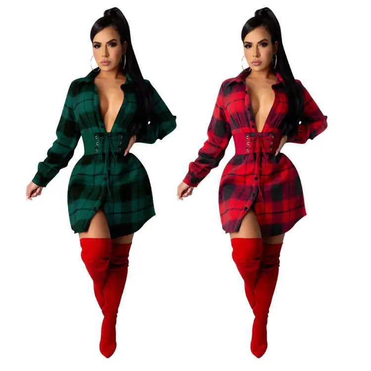 

Fall Clothes Women Long Sleeve Plaid Shirt Dress Turndown Collar Sustainable Winter Clothing Casual Short Dresses without Belt, Red,green