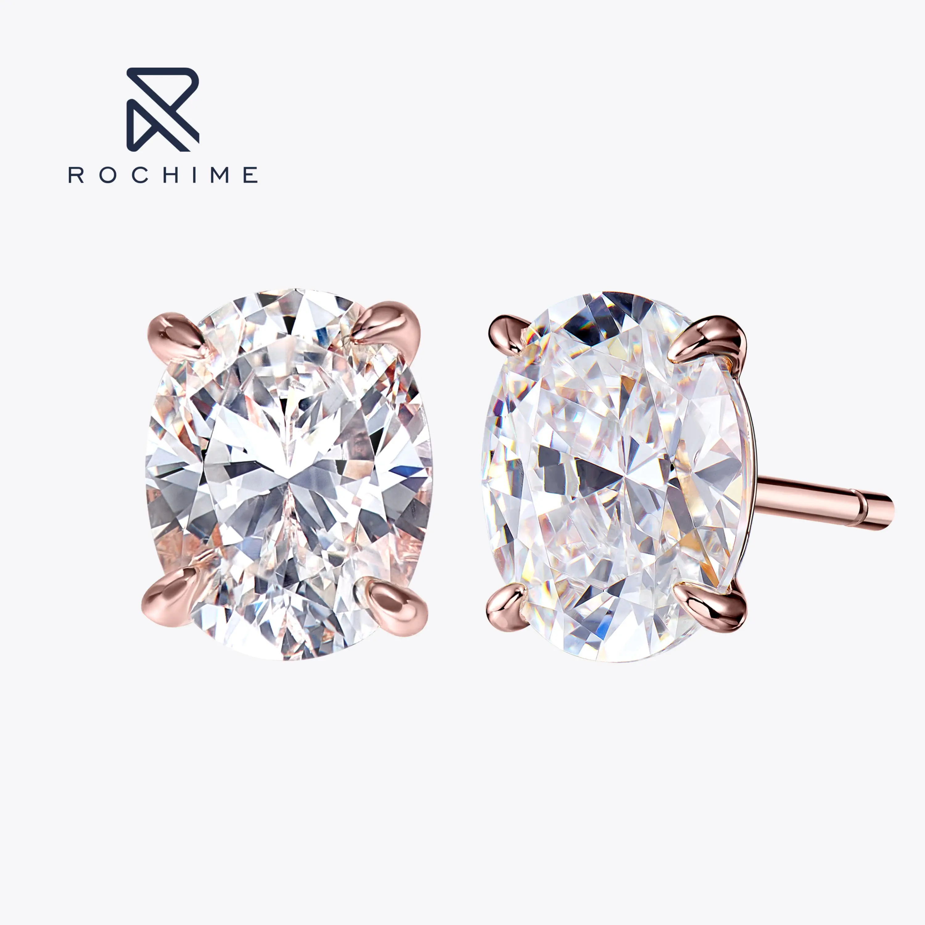 Rochime Designer Fashion Oval Cut Stud Earrings 925 Sterling Silver Rose Gold Plated 5a Zircon Fine Jewelry for Women