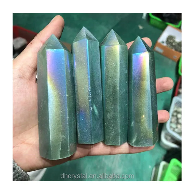 

Wholesale natural carved wand point aura green aventurine towers crystal stones for sale