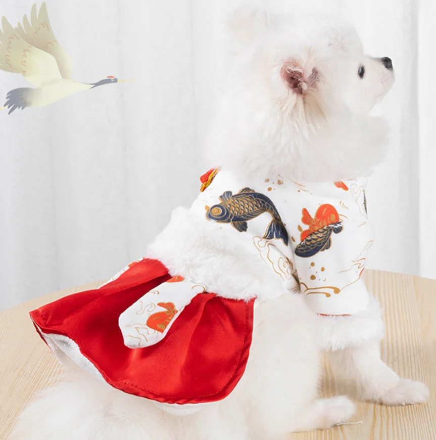 

Luxury Retro Chinese style Ribbon Cozy Winter Dog Clothes Sundress Pet Dog Dress