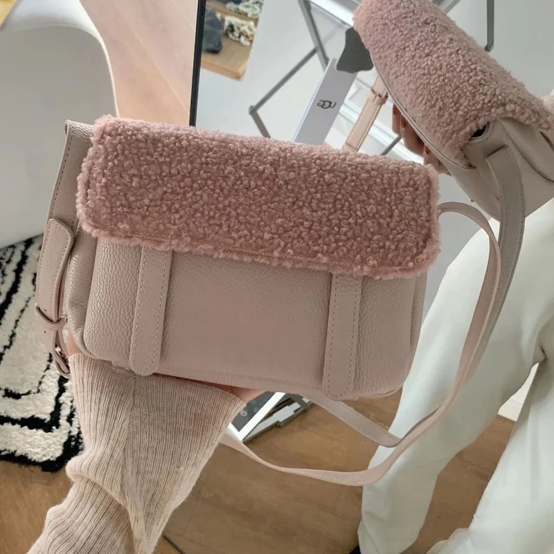 

Fashion Wool Messenger Sling Hand Bag for Ladies Single Shoulder Bag Sheepskin Fur Handbag, Pink/brown/black