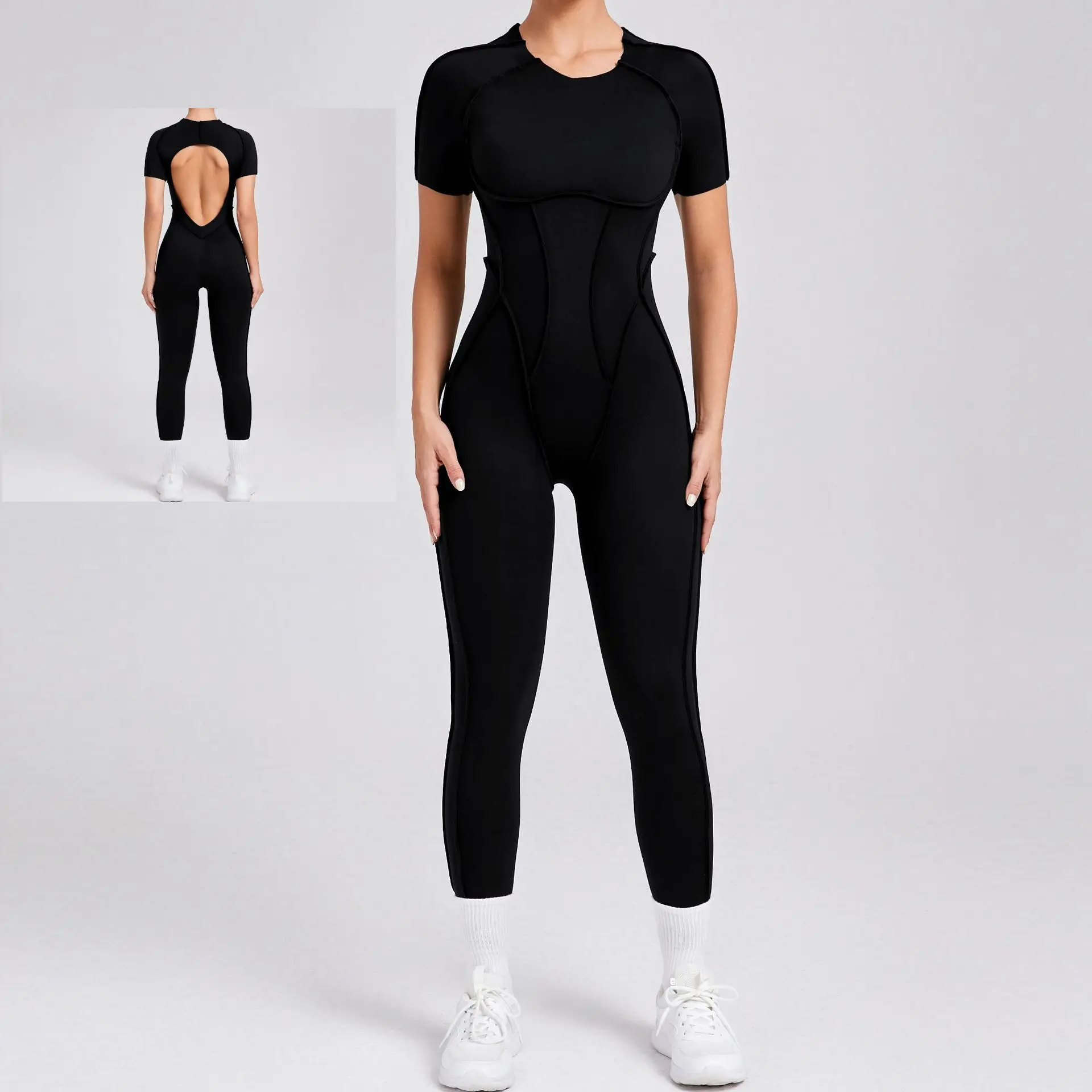 2025 New Sports Women's Gym Jumpsuit Black Neck Long Pants Bodysuit Three-Dimensional Splicing Backless Short Sleeves Wiring
