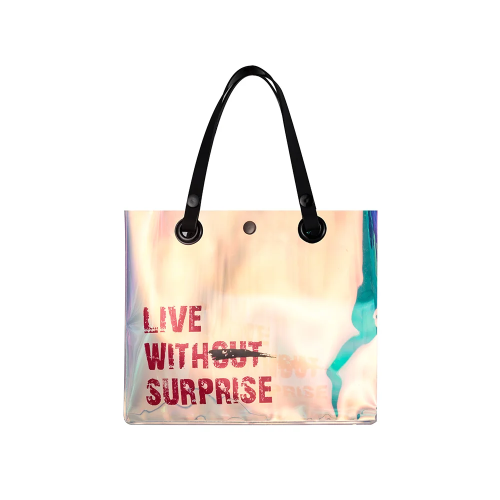 

Custom Holographic PVC Fabric Transparent Waterproof Laser PVC Tote Bags Reusable Tote Shopping Bags