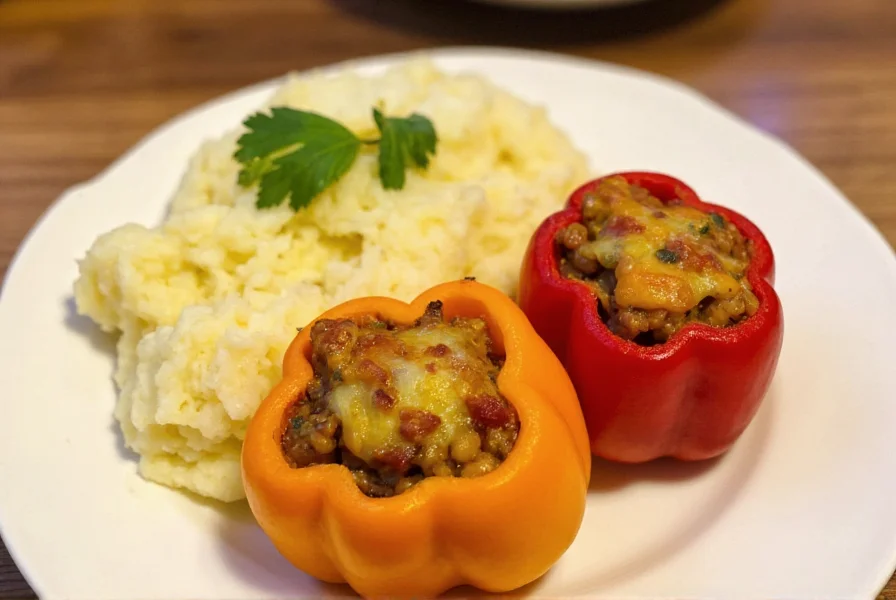 Garlic mashed potatoes served alongside colorful stuffed bell peppers on white ceramic plate