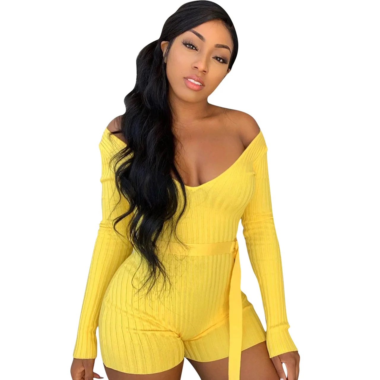 

Sexy Long Sleeve V Neck Women Solid Color One Piece Jumpsuit With Belt, 1colors