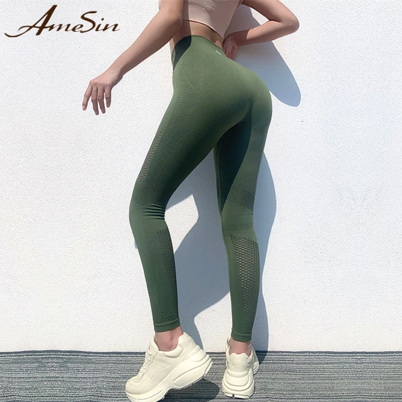 

AMESIN 2020 New Seamless FLEX Squat Proof Yoga Pants Hollow Out High Waisted Workout Leggings Custom Seamless Leggings, Black, green, lake blue