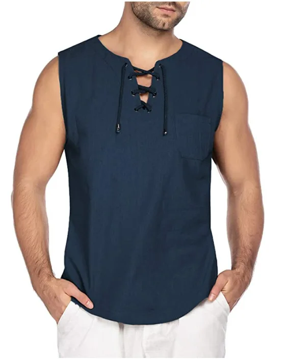 

QC - DL364 Best selling 2021 INS popular men designer cotton linen sleeveless shirt lace up solid shirts for men casual, As picture or customized make