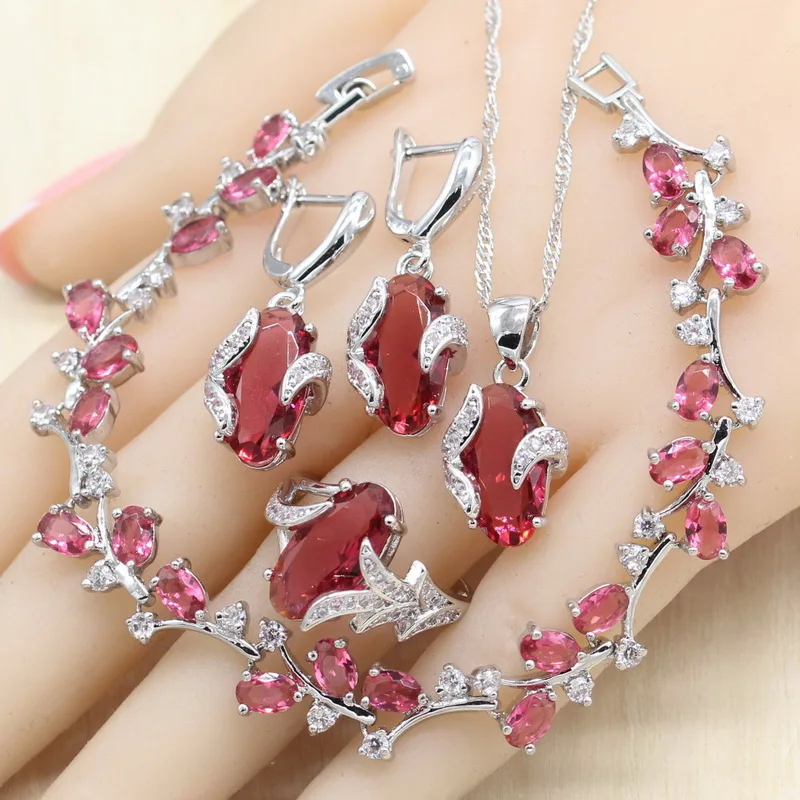 

Silver Dubai Jewelry Sets for Women Red Semi-precious Necklace Pendant Earrings Ring Bracelet Birthday Gift