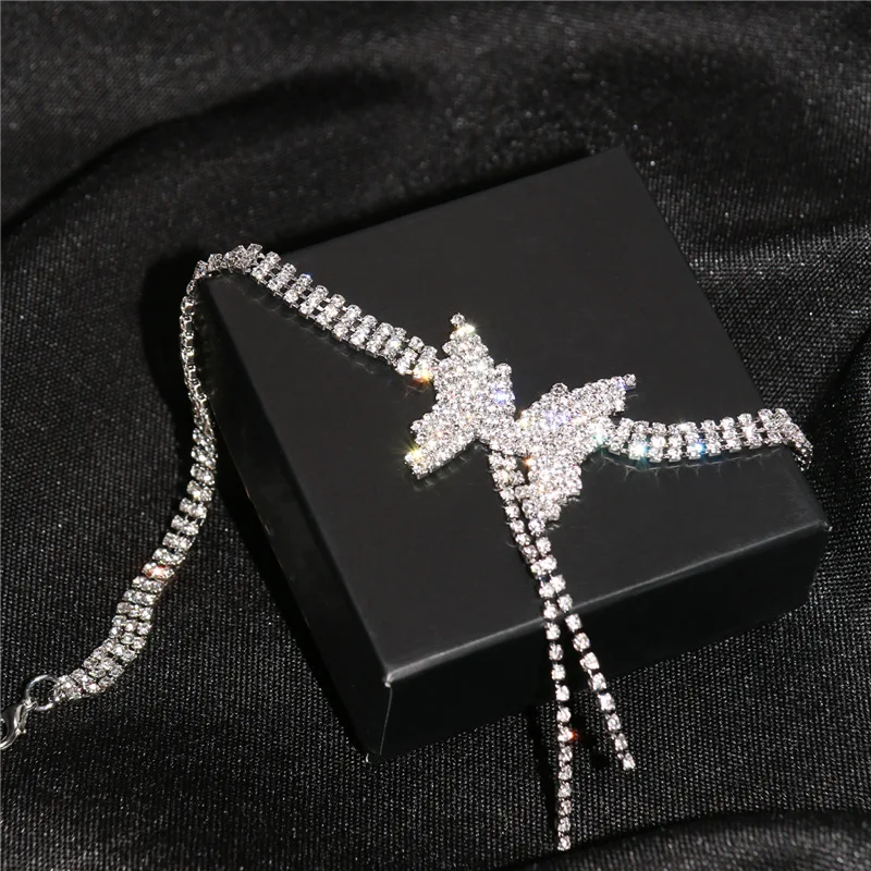 

Hot Selling Full Diamond Butterfly Choker Necklace Trendy Charming Tassel Bride Butterfly Clavicle Necklace