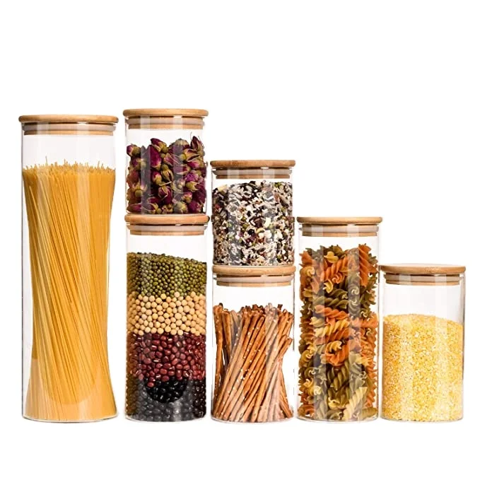 

Kitchen airtight 250ml borosilicate glass food storage jar set container for cereal with bamboo lid