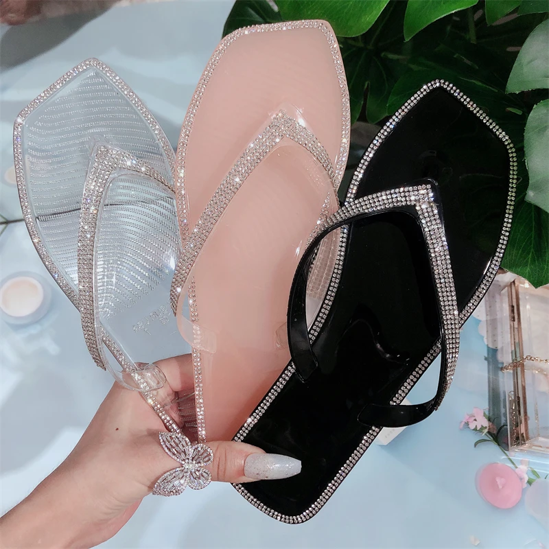 

2021 Slide Sandals Women And Ladies Flip Flop New Fashion Shoes Flat Jelly Summer Slippers Rhinestone Slides Woman Sandal, Black/pink/transparent