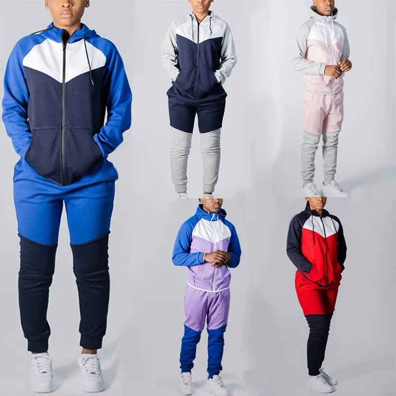 

2021 Color Matching Sports Pants Suit Fashion Long-Sleeved Jacket Tracksuit Casual Unisex Hooded Suit