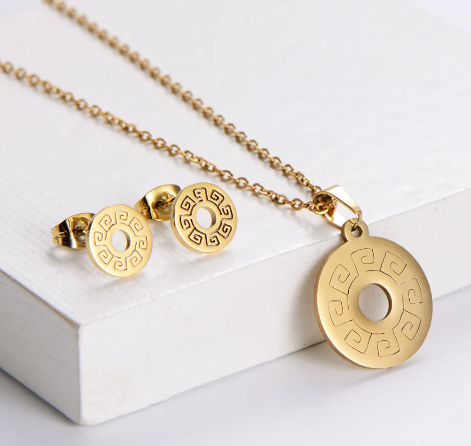 

Cheap Wholesale Dubai 18K Gold Plated African Stainless Steel Round Pendant Necklace Earrings Jewelry Set