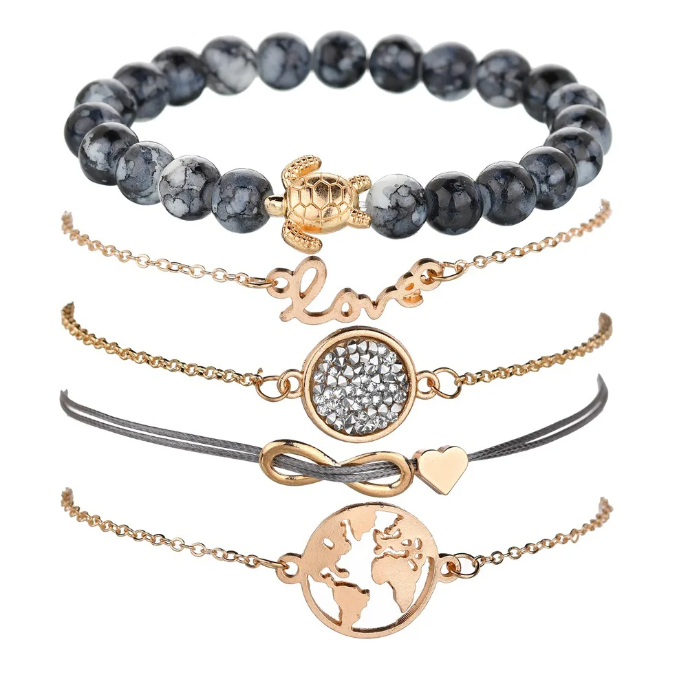 

Five Pieces Set Grey Stone Beads Bracelet Set Gold Turtle World Map Heart Bracelet For Women, As picture show