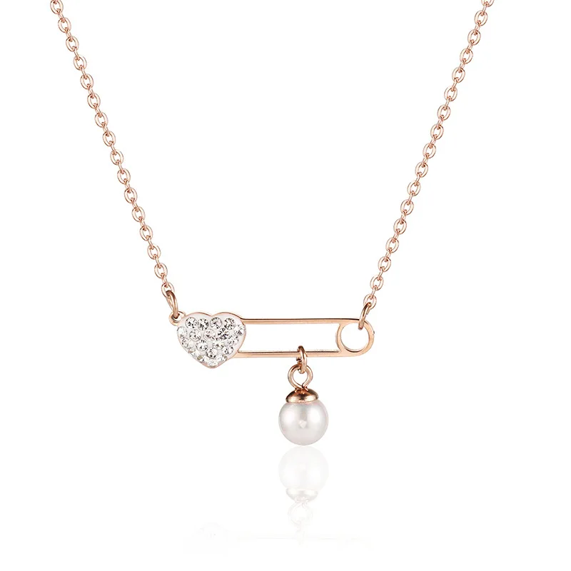 

Stainless Steel Rose Gold Plated Heart Lock With Pearl Pendant Necklace