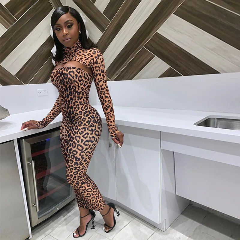 

2021 New Arrival Sexy Women Clothing Leopard Print Flare Sleeve Dress Bodycon Women Party Night Club Women Dresses