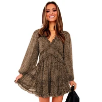 

2019 Women Fashion V Neck Open Back Long Sleeve Ruffles Leopard Print Dress