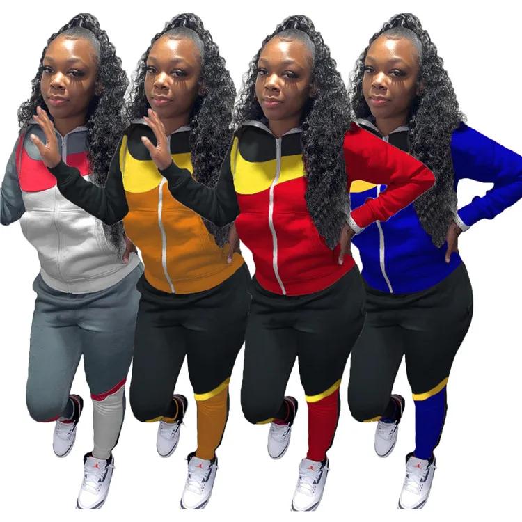 

Casual Lady Stitching Hooded Pocket Jacket And Skinny Pants Sweatsuit Fall Winter Women 2 Piece Set