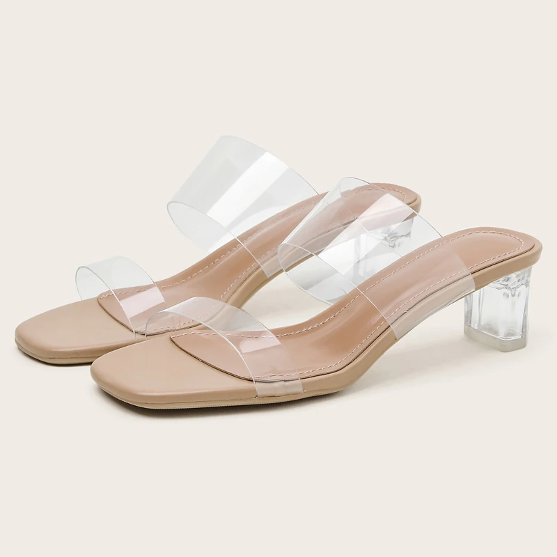 

New PVC Jelly Open Toed High Heels Women Hollow Transparent Crystal Mid Heel Slippers Rome Slippers Shoes Large Size 40
