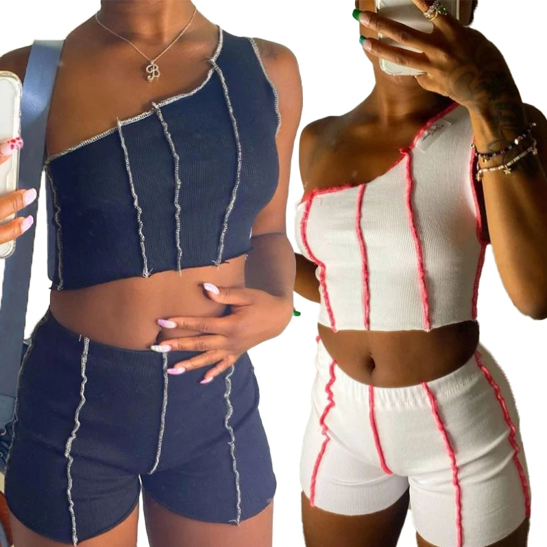 

Wholesale 2021 Summer Fashion Biker Shorts Two Pieces Set Womens Printing One Shoulder Clothing Party Club 2 Piece Sets, Customized color