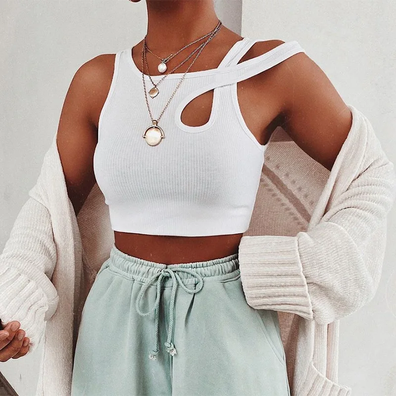 

Asymmetrical Ribbed Knitting Vest Hollow Summer Sexy Female Crop Tops White Women Clothes 2020