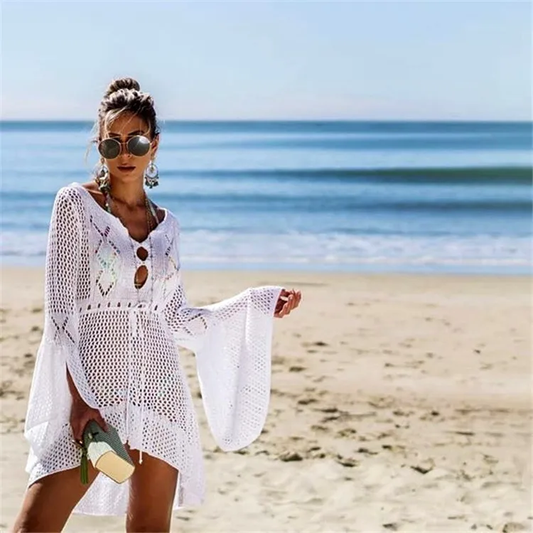 

C1 Trumpet Sleeve Beach Cover Ups Swimwear New Design Summer Shirt Hollow Out Bikini beach coverups, Picture showed