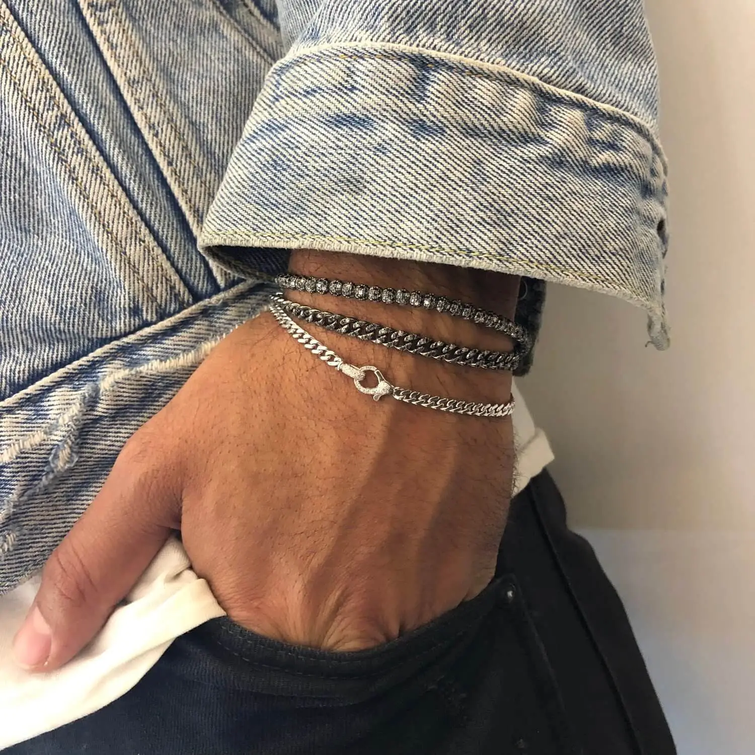 

super thin black cz cuban link chain new top quality cool men boy 6mm cuban bracelet, Silver