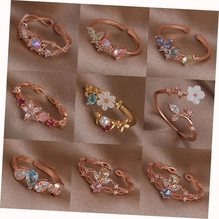 

Korean Sweet Shell Flower Ring Female Exquisite Rhinestone Opal Heart Open Finger Rings for Women Girls Party Wedding Jewelry